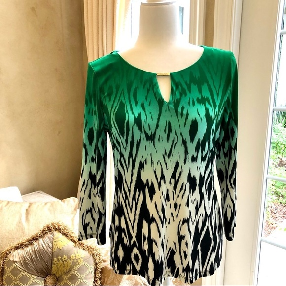 CALVIN KLEIN Green Black Bateau Neck Silky 3/4 sleeve top Women’s size small - Picture 10 of 13